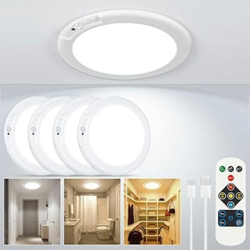 Rechargeable Ceiling Light No Wiring - Battery Operated Led Lights for Bedroom with Remote, Motion Sensor Night Light Indoor Hallway, Living Room, Bathroom, Home & Kitchen Decor Lighting (4)