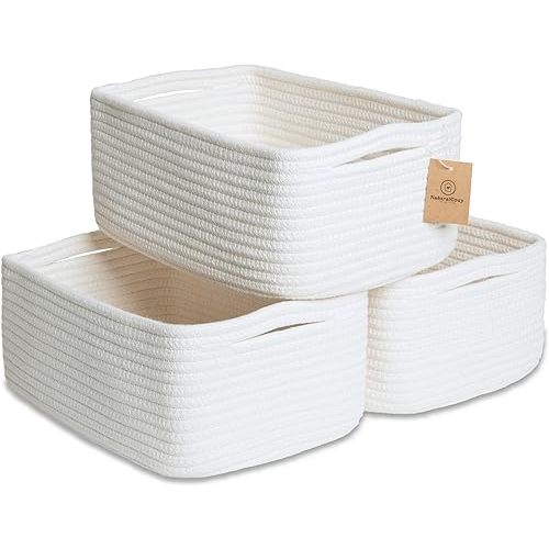NaturalCozy 11.8"x8"x4.5” Storage Baskets for Shelves 3 Pack | Cotton Rope Woven Small Baskets for Organizing | Small Storage Bins for Nursery, Bathroom, Closet, Cube Shelf, Decorative, Gift Basket