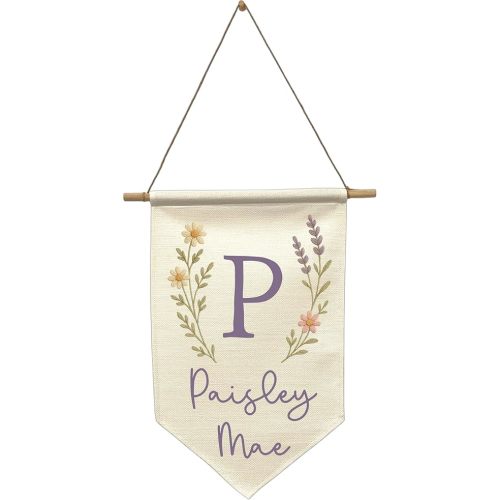 Custom Name Banner Faux Embroidery Nursery Wall Hanging - Boho Baby Girl Room Decor – Kids’ Name Sign for Nursery, Bedroom, or Playroom (Purple Wildflower)