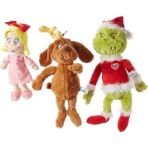Aurora World Dr. Seuss Cindy Lou Who 12", Grinch Santa 19", & His Dog Max 18" Christmas Special Set of 3 Plush Toys, Multicolor