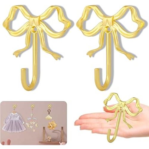 XHIPY 2Pcs Large Size Gold Bow Wall Hook, Gold Coat Hook, Metal Hook, Bow Room Decor Hooks for Coats, Coffee Mugs, Hats, Bags, Bath Towels and Room Decorations