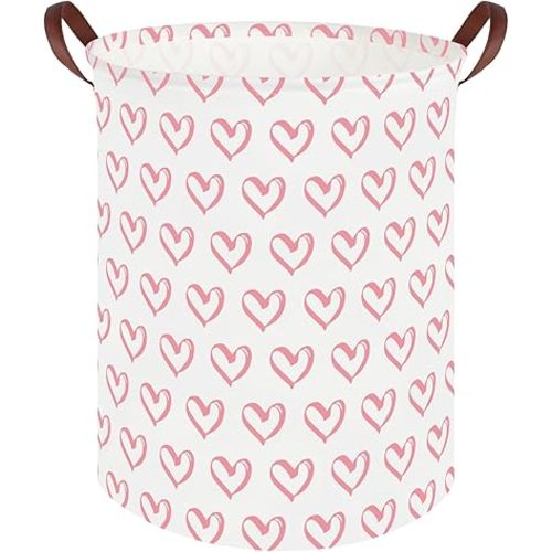 heart Basket Girl hamper Canvas Fabric Collapsible Baby Laundry hamper Toy Organizer,Baby Nursery Home decor Gift Basket(Pink hearts)