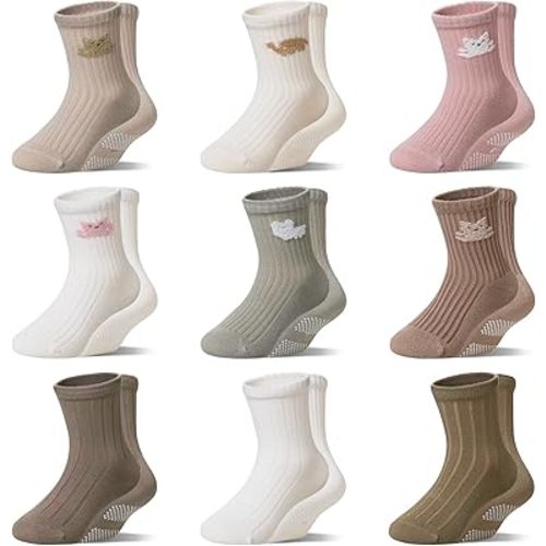WEVIAS Baby Socks Toddler Grip Non Slip Cotton Crew Infant Boys Girls Anti Skid Socks 9 Pairs