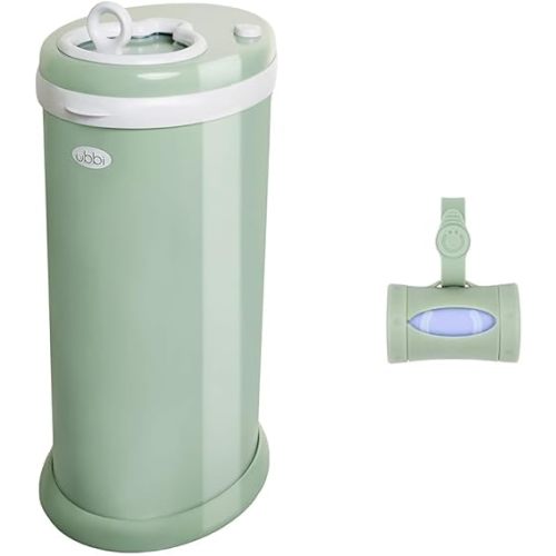 Ubbi Steel Diaper Pail & On-The-Go Diaper Bag Dispenser for Travel with Lavender-Scented Bags Baby Registry Must-Have Bundle, Sage Green