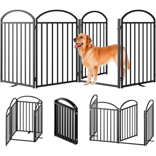 4 Panels Full Matel Freestanding Dog Gates with Door, 96"Extra Wide 32"Tall Free Standing Dog Pet Gate for Indoor & Outdoor. Foldable Pet Fences for Doorways, House, Stairs, Porch, Deck, Yard