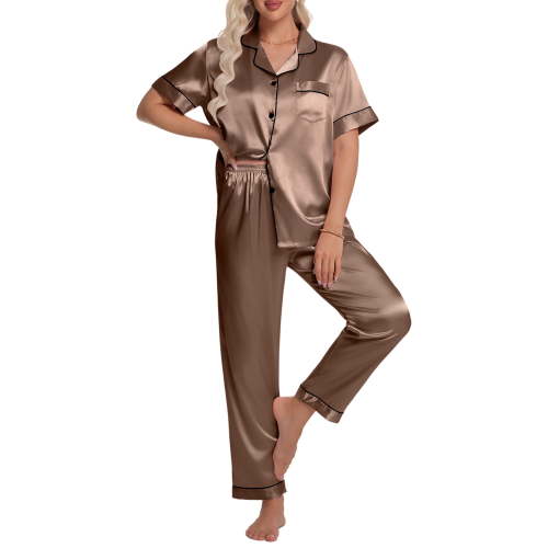 DAKIMOE Silk Satin Pajamas Set for Women Two-Piece Short Sleeve Shirt with Long Pajama Pant Set Soft Button Down Loungewear Nightwear Pjs Sleepwear for Women