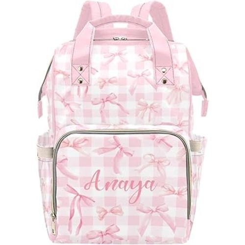 Custom Diaper Bag Backpack for Women, Personalized Name Nursing Mommy Daypack, Pink Bow Diaper Bag for Baby Girls, New Mom Gifts