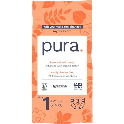 Pura Hypoallergenic Diapers, Size 1 (4-11lbs), Newborn, Totally Chlorine Free, Wetness Indicator, Suitable for Sensitive Skin, Soft Organic Cotton Comfort, Overnight, 3 Packs of 32 (96 Baby Diapers)