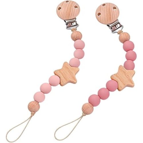2Pcs Wood Star Silicone Pacifier Clip for Baby Girl Rose Pacifier Holder Binky Clips