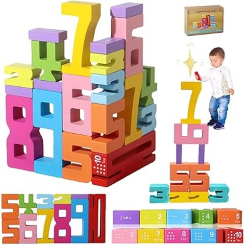 20PCS Wooden Number Building Blocks for 3+ Years Old Kids,Toddler Learning Montessori Toys,1-10 Digital Game Balance Competition Preschool Learning Activities,Boys and Girls,3-8 Years