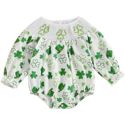 Ayalinggo My First St Patrick Baby Girl Outfit Newborn Clover Print Smocked Bubble Romper Bodysuit Puff Clothes