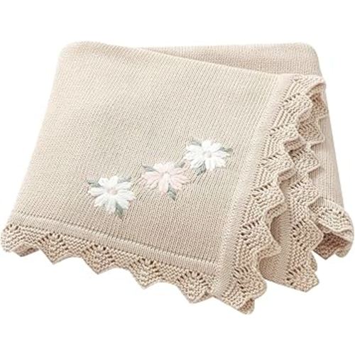 LAWKUL Baby Blanket 100% Traceable Cotton Knit Receiving Blankets Infant Swaddle for Newbron Boy Girls 40"x30" Beige Floral
