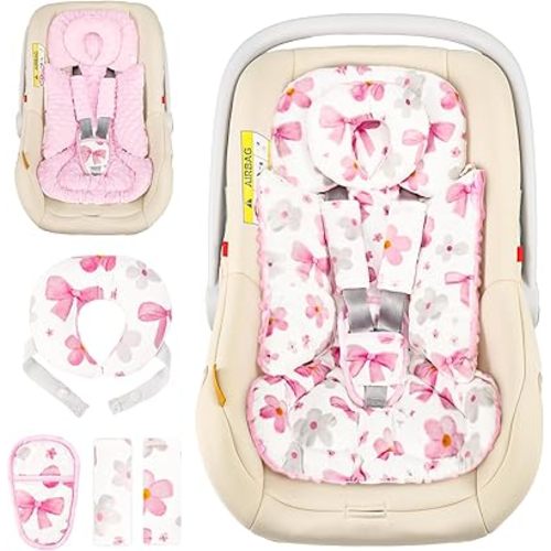 Hooyax Infant Car Seat Insert with Removable Head Support, Dual-Sided Baby Car Seat Cushion for Preemies & Newborns - Universal Head & Body Support for Car Seat, Stroller & Swing(Bow Flower)