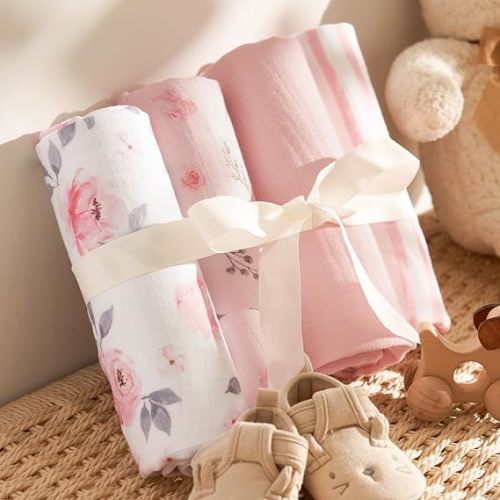 PHF Muslin Swaddle Blankets for Newborn, Large 47x 47 Inches 4 Pack Organic Soft Breathable Receiving Blankets, Skin-Friendly Muslin Baby Swaddles for Girls, Baby Essentials Shower Gifts, Floral