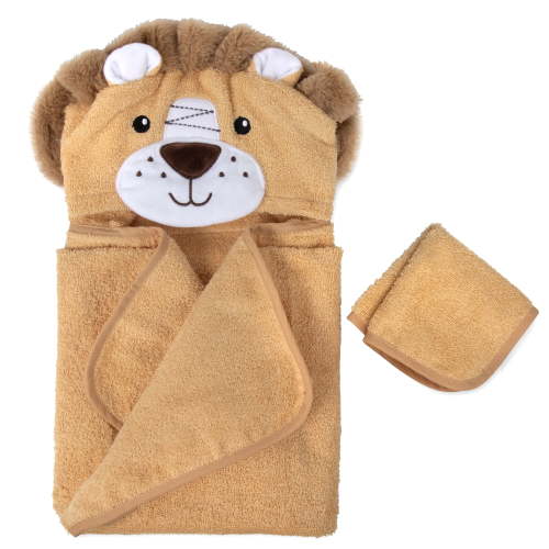 Baby Essentials 2 Piece Hooded Cotton Bath Towel and Washcloth Set for Infants, Newborns and Toddlers 3 – 24 Months for Bath Time, Showers, Lounge, Beach and Pool in Lively Little Lion
