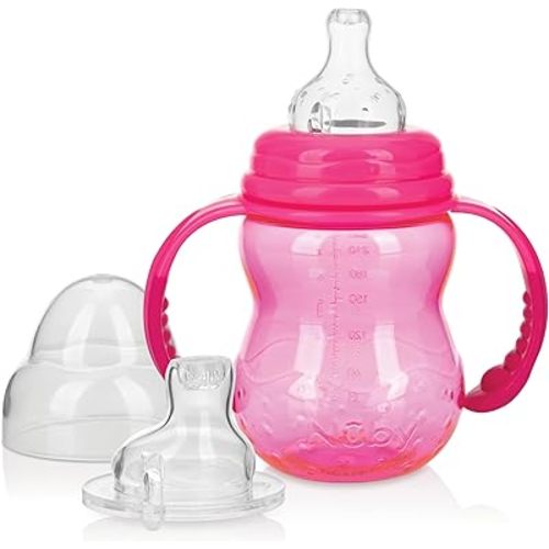 Nuby 3 in 1 Baby Bottle to Training Sippy Cup - 8 Oz Toddler Cups Spill Proof with Soft Spout, Nipple & Removable Grip Handles - Dishwasher Safe (Pink)