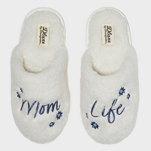 Dluxe By Dearfoams Women's Mom Life Slide Slippers - Cream M: Cushioned Insole, Embroidered Floral, Indoor/outdoor Sole