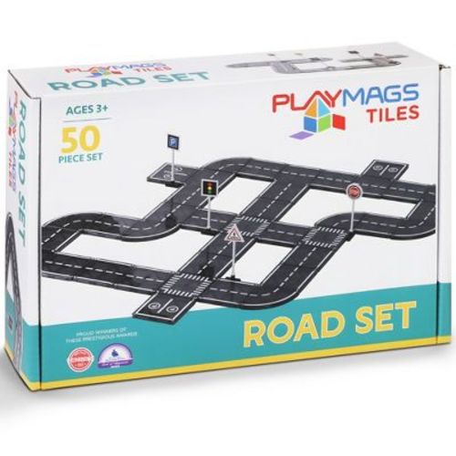 Playmags Magnetic Tiles Road Set - 50 Pcs STEM Educational Construction Toy Car Track, Building Blocks Magnet Toys for Toddlers, Safe for Ages 3+