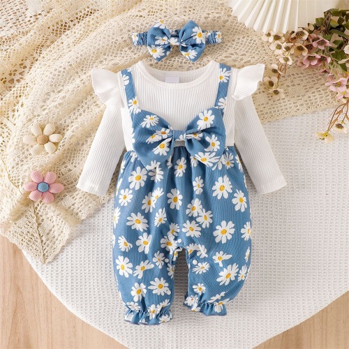 2PCS Trendy Daisy Print Long Sleeve Baby Jumpsuit