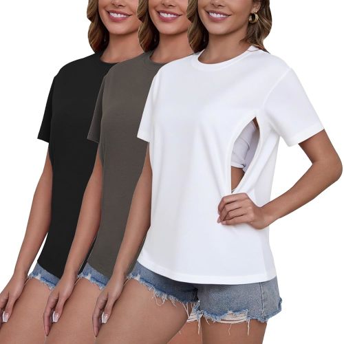 Ecavus Women's 3-Pack Nursing Shirts for Breastfeeding with Hidden Zippers Loose Fit Maternity Tops