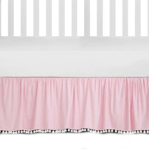 Ruffled Crib Skirt with Pompoms:Crib Bed Skirt with 14" Drop,Mini Crib Bedding Toddler Skirt,Baby Crib Accessories for Baby Boys Girls,28" X 52" (Pink)