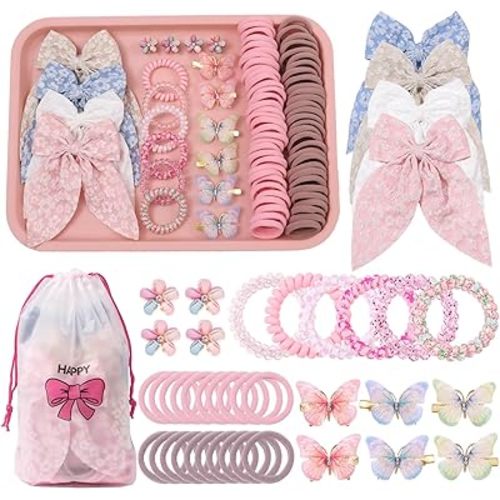 Rosvia Little Girls Hair Accessories Set 70pcs,Elastic Spiral Hair Ties for Thick Hair, Mini Crystal Flower Hair Claws,Butterfly Hair Clips,Toddlers Hair Bows for Girls Teens Kids Toddlers