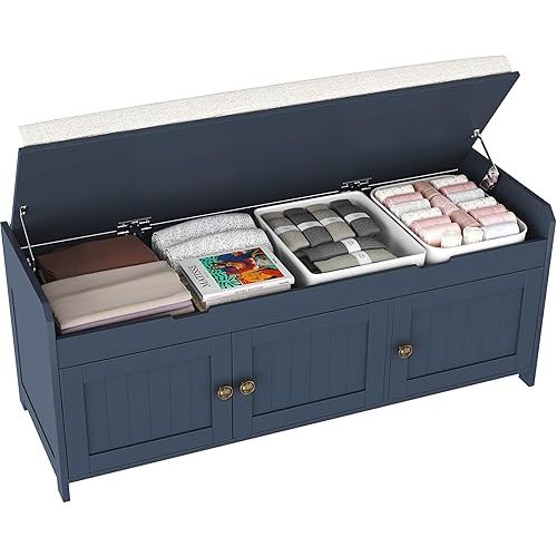 HOMEFORT 41.3" Shoe Bench with Lift Top Storage, Entryway Bench with Cushioned Seat, Wooden End of Bed Bench, Shoe Cabinet Bench with Hidden Storage Space, for Bedroom, Hallway,Blue