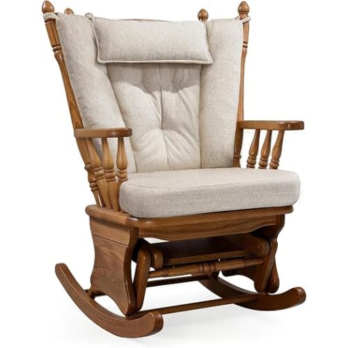 Wingback Rocking Chair Cushion with Neck Pillow High-Density Foam Indoor Rocker Pads with Non-Slip Bottom, Tufted Shredded Foam Back Cushion with Ties, Beige