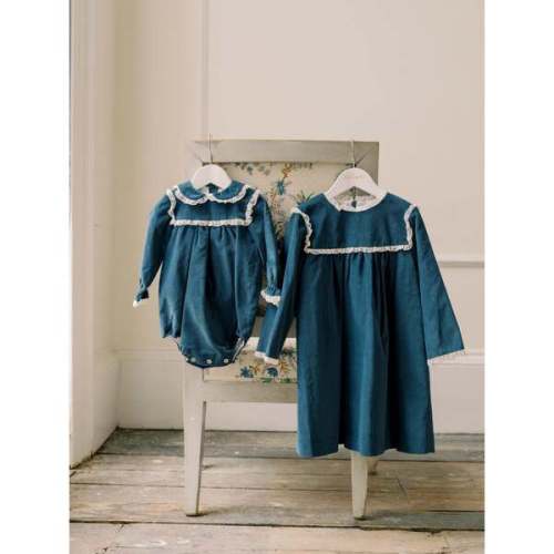 Blue Azura Velvet Baby Girl Romper - La Coqueta | Maisonette