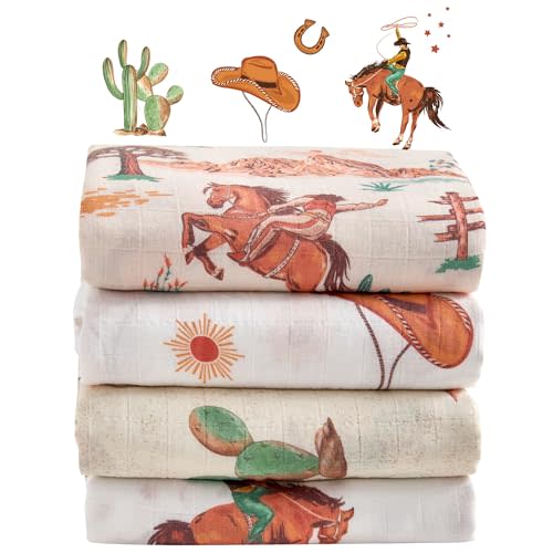 Bamboo Muslin Swaddle Blankets, 4 Pack 47x47 Inch Soft Breathable Hypoallergenic Baby Blanket for Newborn, Wild West Adventure