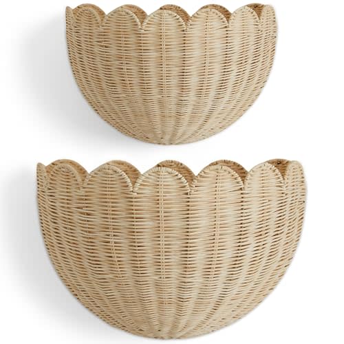 BEBE BASK The Original Scalloped Wicker Wall Basket – Set of 2 – Handwoven Scalloped Wall Baskets (16 x 10 x 7 in), Woven Rattan Wall Hanging Baskets - Natural Scalloped Basket