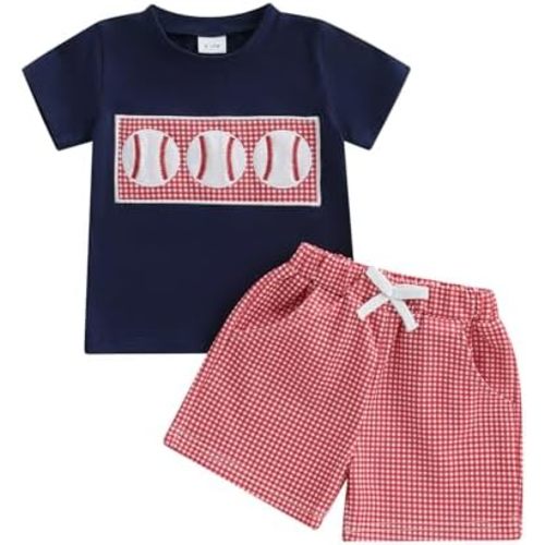 Toddler Baby Boy Summer Clothes Short Sleeve Embroidery Baseball T-shirt & Plaid Shorts Set 2 Piece Outfit