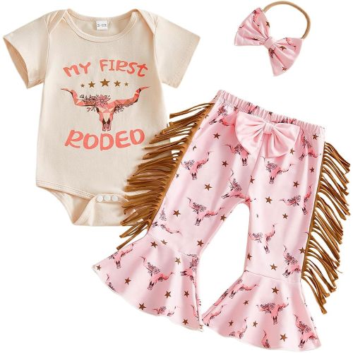 MERSARIPHY Baby Girl Bell Bottom Outfit Infant Newborn Western Summer Clothes Short Sleeve Ruffle Romper Tops Flare Pant Set