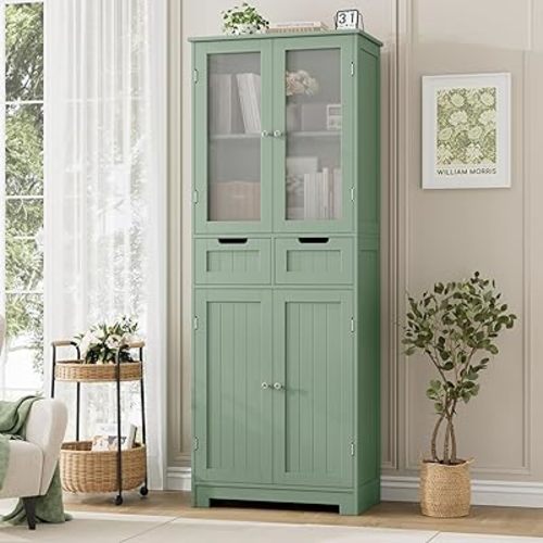 HORSTORS 67" Tall Bathroom Storage Cabinet, Freestanding Storage Cabinet with Glass Door and Shelves, Kitchen Pantry Linen Cabinet with 2 Drawers for Bathroom, Living Room, Dining Room, Green