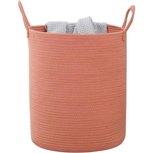 Woven Basket Nursery Laundry Hamper with Handles, Clothes Storage Organizer, Woven Basket for Boy Room Decor, Toy & Blanket Storage Bin, 15x15x18 Inch,Coral Pink,1pc