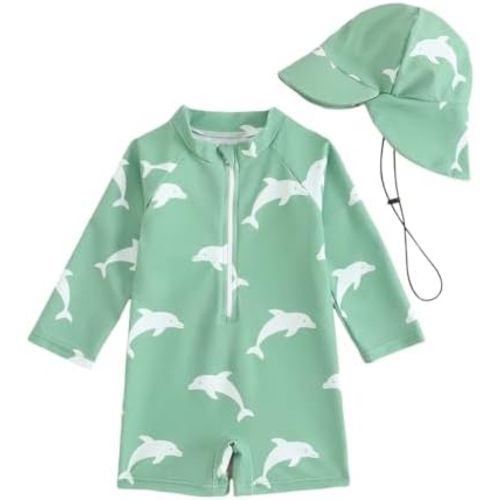 FishingDino Baby Swimsuit Girl Boy Rash Guard Set 3M-3T, Long Sleeve UPF Sun Protection Toddler Bathing Suit with Hat
