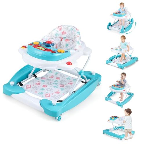 BABY JOY 6-in-1 Baby Walker, Foldable Baby Walker with Wheels, Adjustable Height, Music, Lights, Bouncer & Rocker Mode, Baby Walkers for Boys Girls 6-14 Months (Gray)