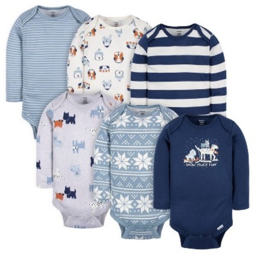 Gerber Baby Boys' Long Sleeve Onesies® Bodysuits, 6-Pack, Snow Much Fun, 6-9 Months
