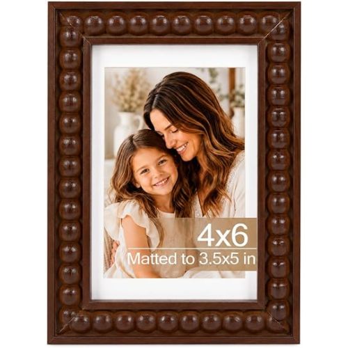 Solid Wood 4x6 Picture Frame Beaded Frame with 3.5x5 Mat, Rustic Vintage 4 by 6 Photo Frame Matted with Plexiglass for Tabletop or Wall Display, Brown