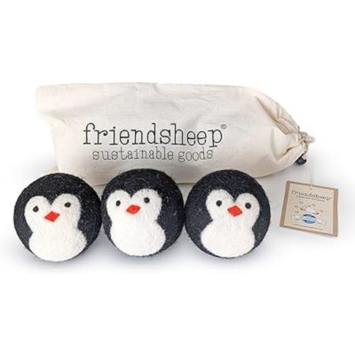 Friendsheep Wool Dryer Balls, Organic Reusable Fabric Softener Alternative for Laundry, Handmade, Fair Trade, Hypoallergenic, Eco-Friendly, Plastic-Free (3 Pack XL – Penguin)