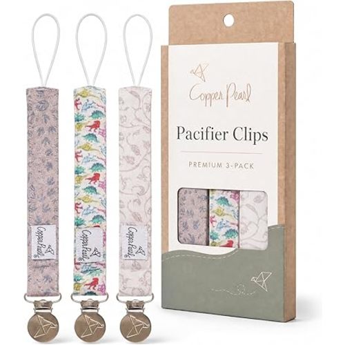 Copper Pearl 3-Pack Pacifier Holders: Premium Knit Binky Clips for Baby Girls and Boys - Stylish Stainless Steel Design for Secure No-Drop Attachment - Jurassic Park