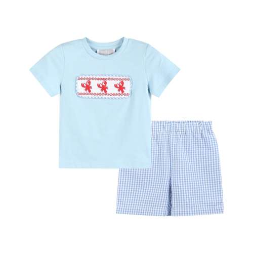 Blue Gingham Crawfish Smocked Shirt and Shorts Set