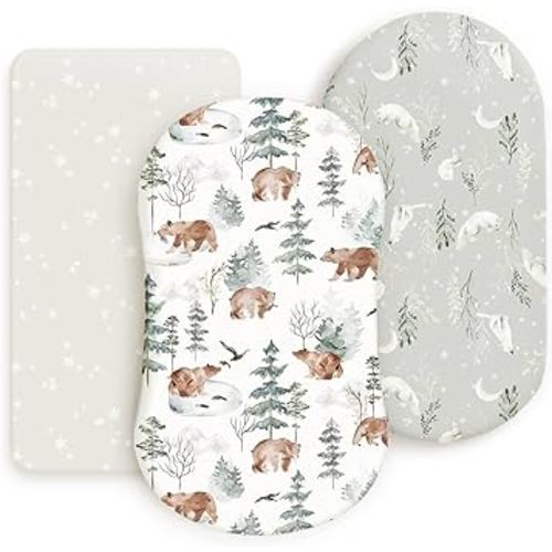 GRSSDER Stretchy Ultra Soft Fitted Bassinet Sheet Set 3 Pack, Universal Fit for Bassinets Baby Cradle Moses Basket Oval Rectangle Mattress Safe and Snug, Stylish Pattren of Bear and Wolf Print