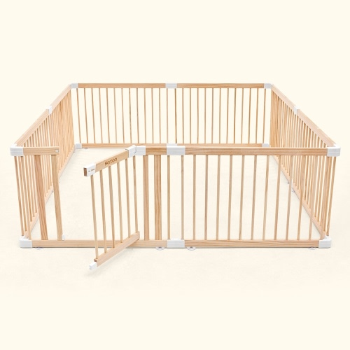 HARPPA Wooden Baby Gate Playpen | Non-Toxic Foldable DIY Adjustable Play Yard for Infants & Toddlers – Natural Finish Baby Fence for Small & Large Spaces