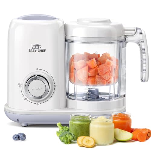 AMZBabyChef Baby Food Maker Blender: 4-in-1 Steamer and Puree Processor | All-in-One, for Fresh Baby Food, Starting Solids, 6+ Months, BPA-Free, Tritan Material, Baby Shower Gifts, White