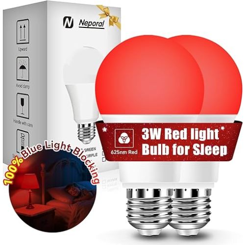 Neporal 625nm 3W Red Light Bulbs for Sleep, 100% Blue Light Blocking Light Bulbs for Melatonin Promoting, A19 LED 40W Equivalent Dim Red Night Light Bulb for Baby Nursery, Sleeping, Reading, 2-Pack