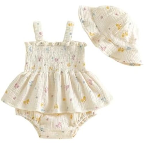 Ropa de verano para niñas recién nacidas, vestido de mameluco floral, lindo vestido fruncido, sombrero, ropa de primavera para bebés
