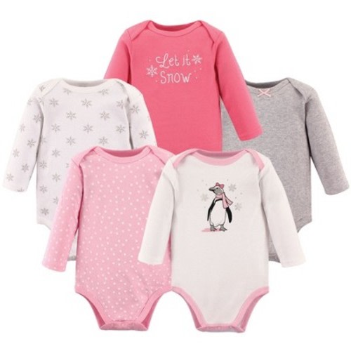 Hudson Baby Infant Girl Cotton Long-Sleeve Bodysuits 5pk, Pink Penguin, 9-12 Months