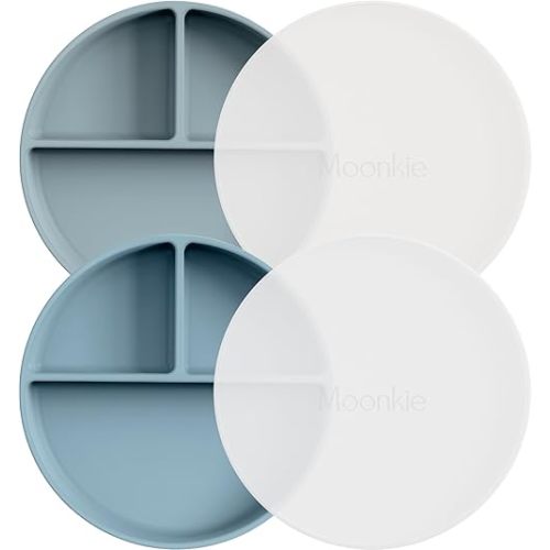 Moonkie Suction Plates for Baby | 100% Silicone BPA-Free Baby Plates with Lids and Food Cover | Divided Design | Microwave and Dishwasher Safe | Toddler Plates 2 Pack