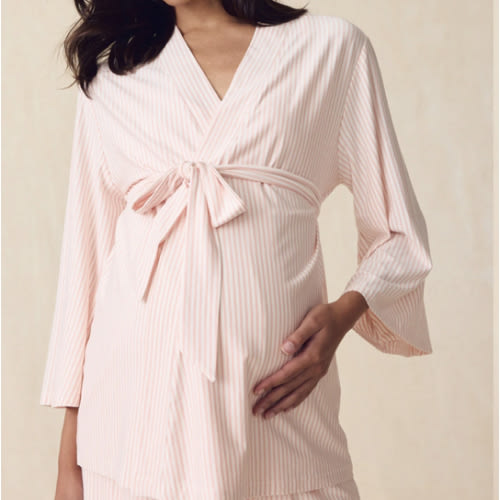Maternity DreamModal™ Kimono Three-Piece Set in English Rose Pencil Stripe - L